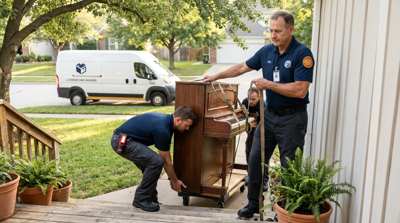 Licensed piano movers securing grand piano in Stapleton, NE