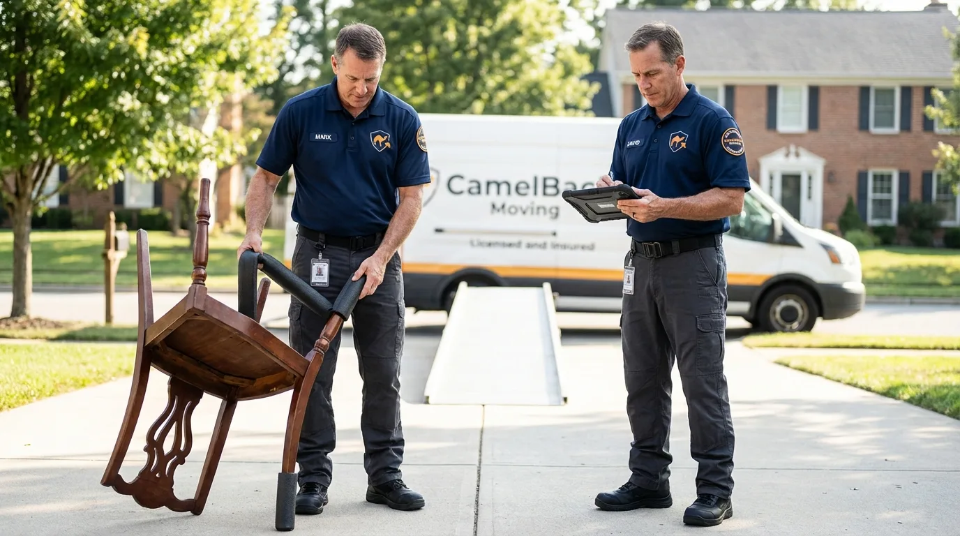 Movers inspecting furniture for damage prevention before loading in Stapleton, NE