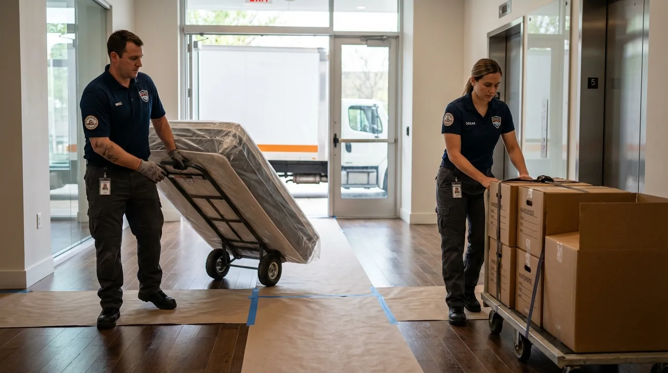 Professional apartment movers loading elevator in Stapleton, NE